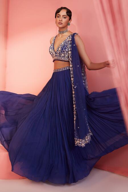 Label Sanya Gulati Blue Georgette Lining Shantoon Cutdana, Multi Lehenga And Embroidered Blouse Set Online at Aza Fashions Label Sanya Gulati_Blue Georgette Lining Shantoon Cutdana, Multi Lehenga And Embroidered Blouse Set _Online_at_Aza_Fashions