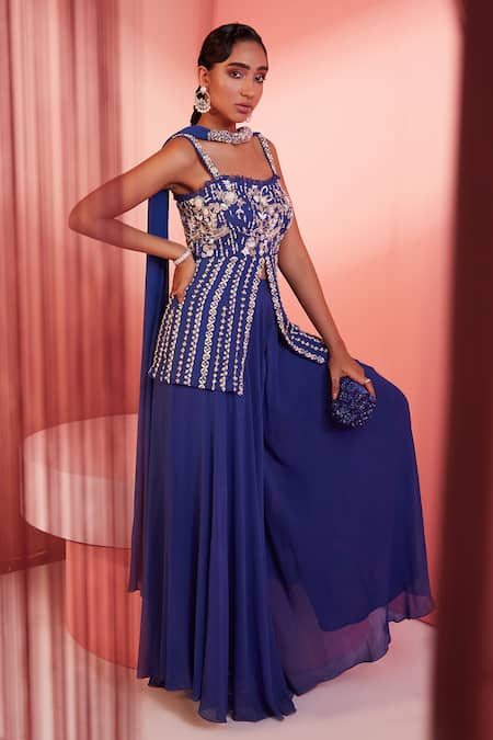 Buy Label Sanya Gulati Blue Georgette Lining Shantoon Sequins, Cutdana Embroidery, Kurta Palazzo Set Online at Aza Fashions Buy_Label Sanya Gulati_Blue Georgette Lining Shantoon Sequins, Cutdana Embroidery, Kurta Palazzo Set _Online_at_Aza_Fashions