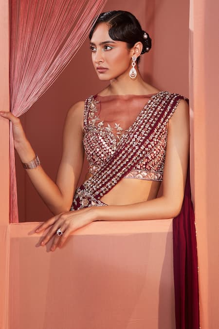 Shop_Label Sanya Gulati_Maroon Net And Georgette Lining Pre-stitched Saree With Embroidered Blouse _Online_at_Aza_Fashions