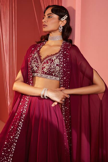Label Sanya Gulati_Maroon Georgette Lining Shantoon Cudana, Multi Embroidered Cape And Palazzo Set _Online_at_Aza_Fashions