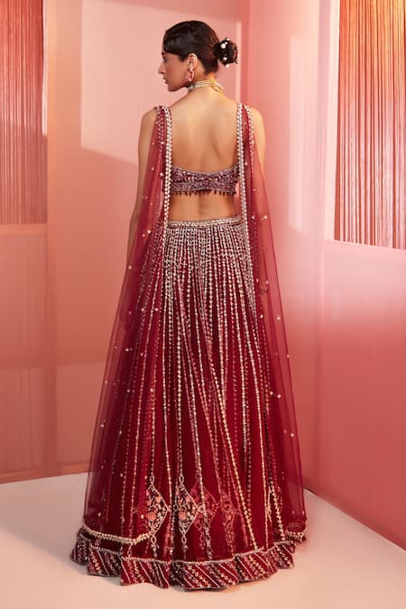 Label Sanya Gulati Maroon Net Lining Shantoon Cutdana, Multi Shape Embroidered Lehenga Set Online at Aza Fashions Label Sanya Gulati_Maroon Net Lining Shantoon Cutdana, Multi Shape Embroidered Lehenga Set _Online_at_Aza_Fashions