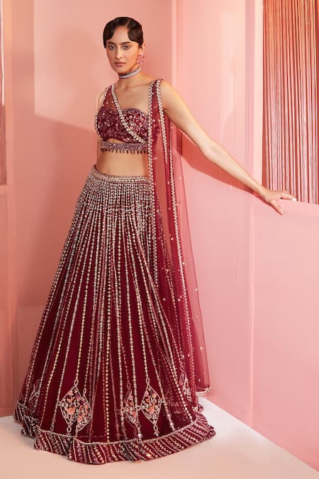 Buy Label Sanya Gulati Maroon Net Lining Shantoon Cutdana, Multi Shape Embroidered Lehenga Set Online at Aza Fashions Buy_Label Sanya Gulati_Maroon Net Lining Shantoon Cutdana, Multi Shape Embroidered Lehenga Set _Online_at_Aza_Fashions
