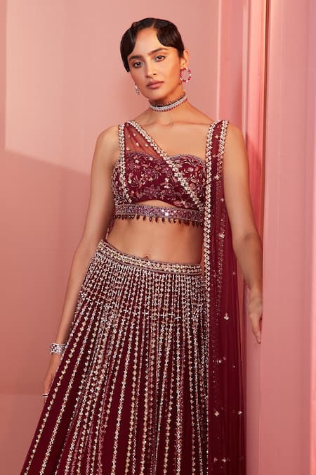 Shop Label Sanya Gulati Maroon Net Lining Shantoon Cutdana, Multi Shape Embroidered Lehenga Set Online at Aza Fashions Shop_Label Sanya Gulati_Maroon Net Lining Shantoon Cutdana, Multi Shape Embroidered Lehenga Set _Online_at_Aza_Fashions