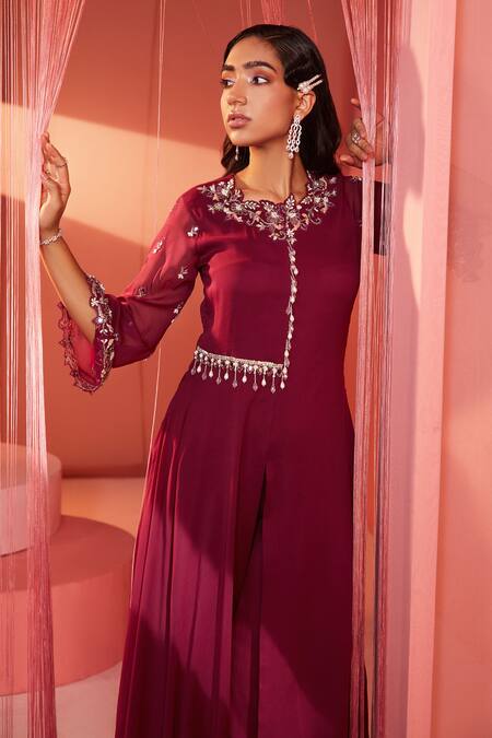 Buy Label Sanya Gulati Maroon Georgette Lining Shantoon Cutdana, Floral Embroidered Kurta And Pant Set Online at Aza Fashions Buy_Label Sanya Gulati_Maroon Georgette Lining Shantoon Cutdana, Floral Embroidered Kurta And Pant Set _Online_at_Aza_Fashions