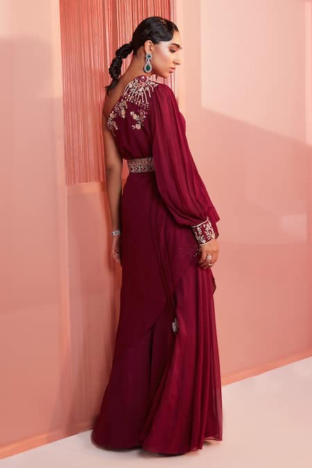 Shop_Label Sanya Gulati_Maroon Georgette Lining Shantoon Cutdana, Multi Shape Kurta And Sharara Set _at_Aza_Fashions