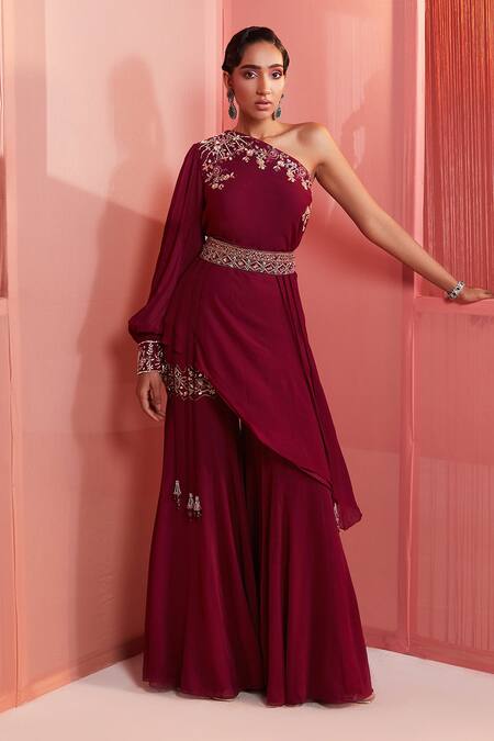 Label Sanya Gulati_Maroon Georgette Lining Shantoon Cutdana, Multi Shape Kurta And Sharara Set _Online_at_Aza_Fashions