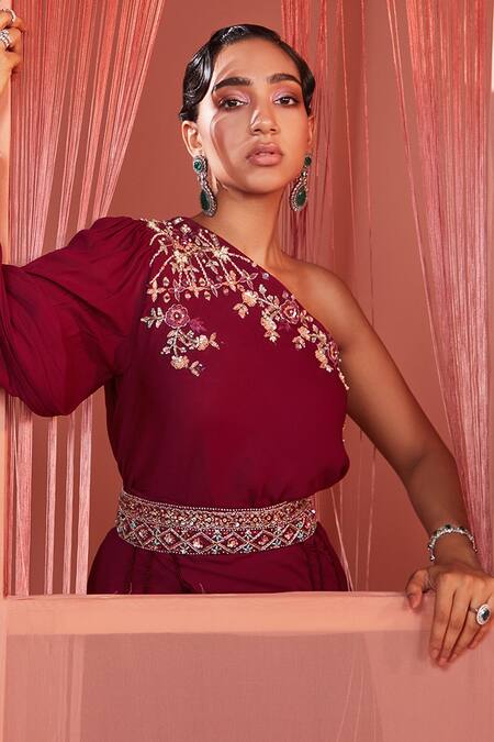 Buy_Label Sanya Gulati_Maroon Georgette Lining Shantoon Cutdana, Multi Shape Kurta And Sharara Set _Online_at_Aza_Fashions
