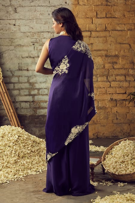 Nehha Nhata Purple Organza And Silk Satin Floral Motifs V Neck One Shoulder Cape Palazzo Set Online at Aza Fashions Nehha Nhata_Purple Organza And Silk Satin Floral Motifs V Neck One Shoulder Cape Palazzo Set _Online_at_Aza_Fashions
