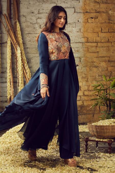 Nehha Nhata_Blue Organza, Satin And Sequin, Thread, Jacket Style Kurta Palazzo Set _Online_at_Aza_Fashions