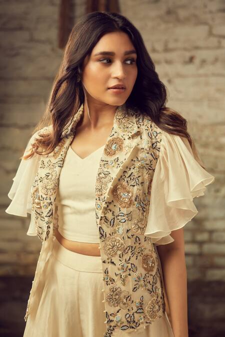 Nehha Nhata_White Organza Thread, Beads And Pearls Floral Embroidered Jacket Sharara Set _Online_at_Aza_Fashions