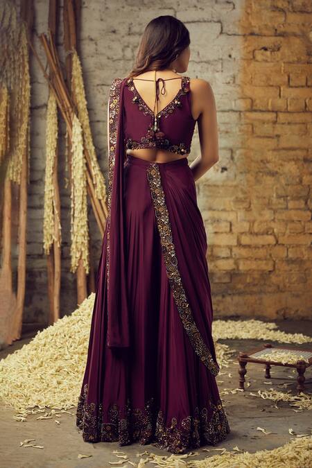 Shop Nehha Nhata Purple Crepe Bead Work, Thread Pre-draped Sharara Saree With Embroidered Blouse at Aza Fashions Shop_Nehha Nhata_Purple Crepe Bead Work, Thread Pre-draped Sharara Saree With Embroidered Blouse _at_Aza_Fashions