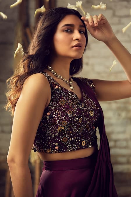 Buy Nehha Nhata Purple Crepe Bead Work, Thread Pre-draped Sharara Saree With Embroidered Blouse Online at Aza Fashions Buy_Nehha Nhata_Purple Crepe Bead Work, Thread Pre-draped Sharara Saree With Embroidered Blouse _Online_at_Aza_Fashions