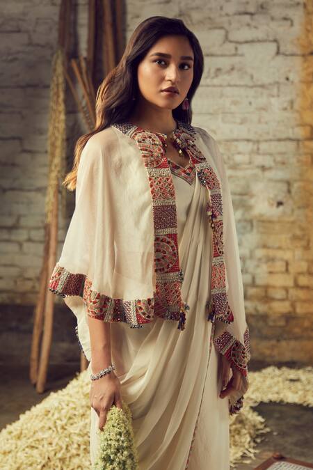 Nehha Nhata_White Organza, Georgette And Silk Thread, Pre-draped Palazzo Saree With Cape_Online_at_Aza_Fashions