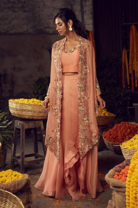Nehha Nhata_Pink Organza Mirror And Cutdana, Thread Round Floral Embroidered Cape Lehenga Set _Online_at_Aza_Fashions