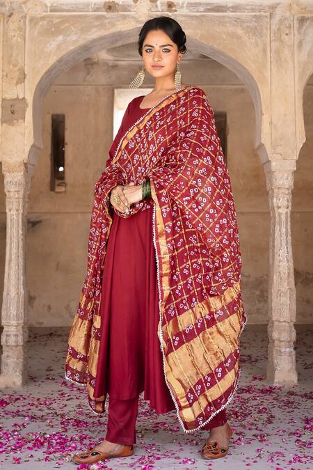 Shop_Pheeta_Maroon Rayon Gota Round Anarkali Set With Bandhani Dupatta_Online_at_Aza_Fashions