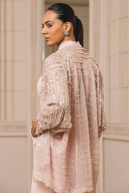 Buy_Tarun Tahiliani_Peach Crinkle Net Embroidered Sequin Open Work Gilet_Online_at_Aza_Fashions