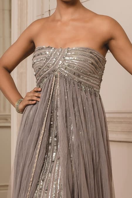 Buy Grey Crinkle Tulle Embroidered Sequin Bandeau Overlay Gown For