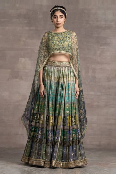 Tarun Tahiliani_Blue Jacquard Floral, Bird And Animal Motifs Round Lehenga & Printed Cape Blouse_Online_at_Aza_Fashions