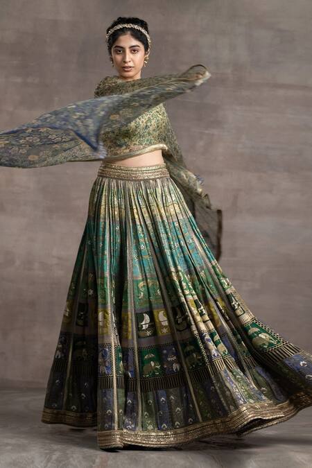 Buy_Tarun Tahiliani_Blue Jacquard Floral, Bird And Animal Motifs Round Lehenga & Printed Cape Blouse_Online_at_Aza_Fashions