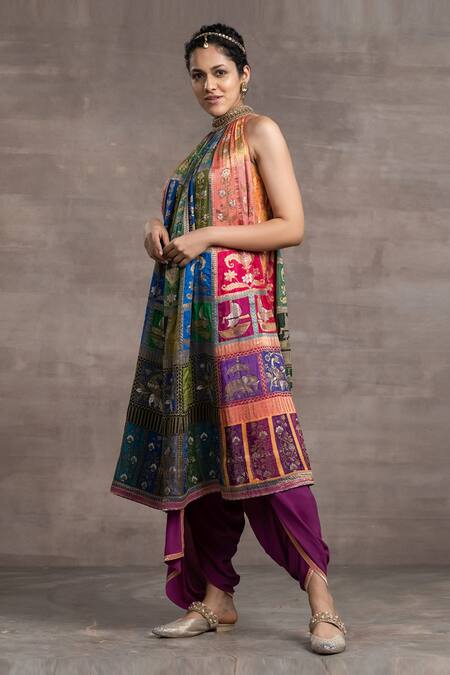 Tarun Tahiliani_Multi Color Jacquard Bird, Floral, Animal Printed Kalidar Kurta And Dhoti Pant Set_Online_at_Aza_Fashions