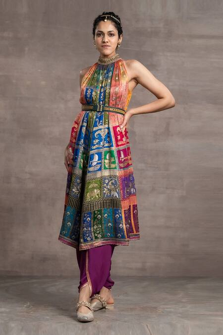 Buy_Tarun Tahiliani_Multi Color Jacquard Bird, Floral, Animal Printed Kalidar Kurta And Dhoti Pant Set_Online_at_Aza_Fashions