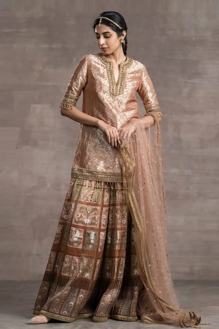 Tarun Tahiliani Gold Jacquard Woven Floral Notched Embroidered Kurta Sharara Set 