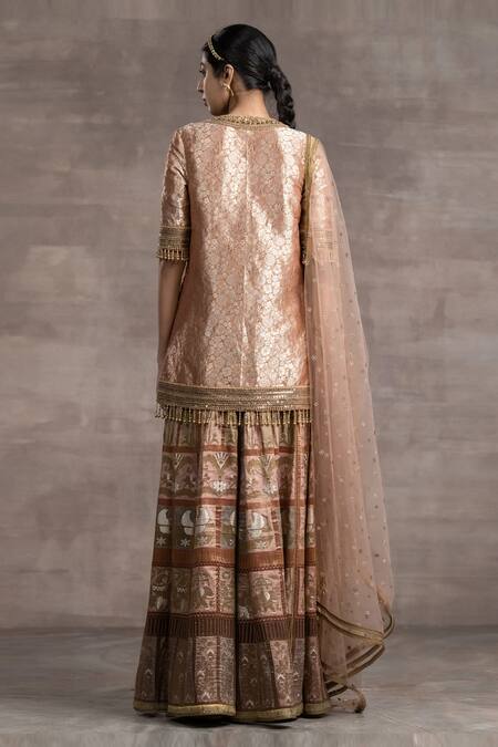 Shop_Tarun Tahiliani_Gold Chanderi, Jacquard, Brocade Bird, Floral, Embroidered Kurta Sharara Set_at_Aza_Fashions
