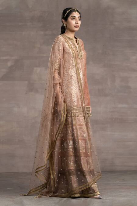 Tarun Tahiliani_Gold Chanderi, Jacquard, Brocade Bird, Floral, Embroidered Kurta Sharara Set_Online_at_Aza_Fashions