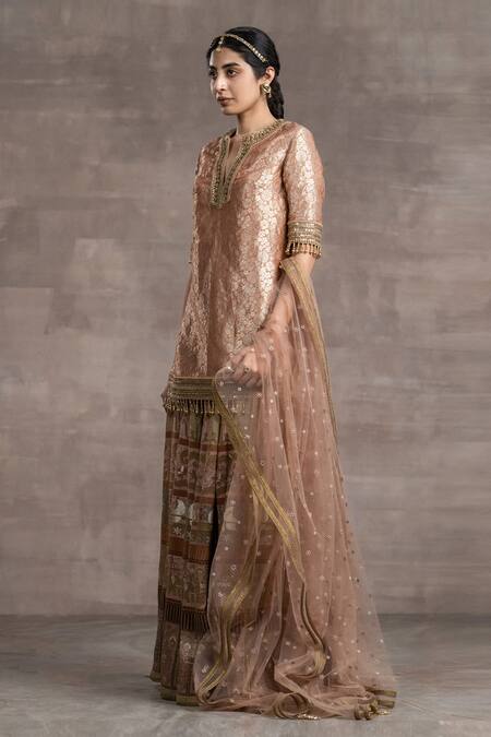 Buy_Tarun Tahiliani_Gold Chanderi, Jacquard, Brocade Bird, Floral, Embroidered Kurta Sharara Set_Online_at_Aza_Fashions
