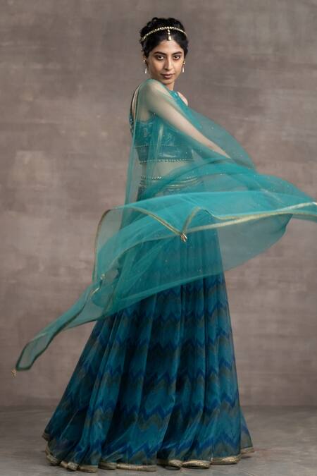 Tarun Tahiliani_Blue Brocade Tulle, Ikat Geometric Motifs Round Print Lehenga Set_Online_at_Aza_Fashions