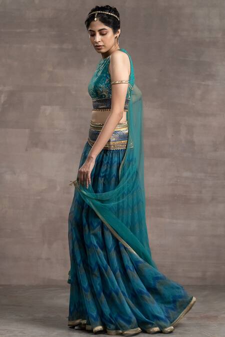 Buy_Tarun Tahiliani_Blue Brocade Tulle, Ikat Geometric Motifs Round Print Lehenga Set_Online_at_Aza_Fashions