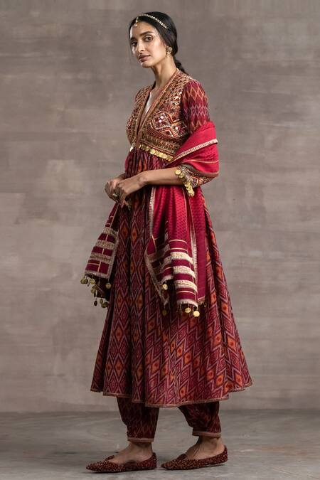 Tarun Tahiliani_Maroon Brocade, Ikat Sequins, Coin V-neck Embroidered Kurta Dhoti Pant Set_Online_at_Aza_Fashions