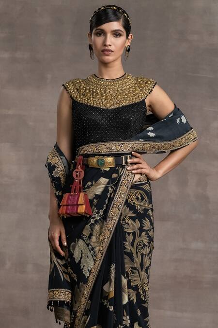 Buy Tarun Tahiliani Black Silk Crepe Floral Print, Sequin, Thread And Beads High Saree With Blouse Online at Aza Fashions Buy_Tarun Tahiliani_Black Silk Crepe Floral Print, Sequin, Thread And Beads High Saree With Blouse_Online_at_Aza_Fashions