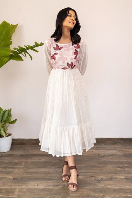 Shop Khamaj India White Cotton, Chanderi Floral Round Embroidered Dress at Aza Fashions Shop_Khamaj India_White Cotton, Chanderi Floral Round Embroidered Dress _at_Aza_Fashions