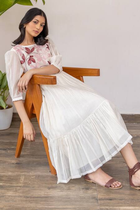 Khamaj India White Cotton, Chanderi Floral Round Embroidered Dress Online at Aza Fashions Khamaj India_White Cotton, Chanderi Floral Round Embroidered Dress _Online_at_Aza_Fashions