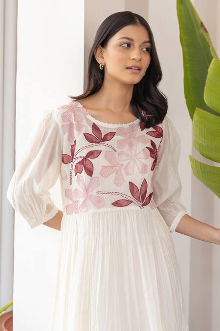 Shop Khamaj India White Cotton, Chanderi Floral Round Embroidered Dress Online at Aza Fashions Shop_Khamaj India_White Cotton, Chanderi Floral Round Embroidered Dress _Online_at_Aza_Fashions