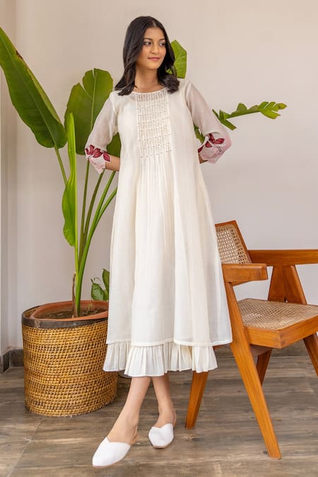 Khamaj India White Cotton, Chanderi Floral Round Smocked Dress Online at Aza Fashions Khamaj India_White Cotton, Chanderi Floral Round Smocked Dress _Online_at_Aza_Fashions