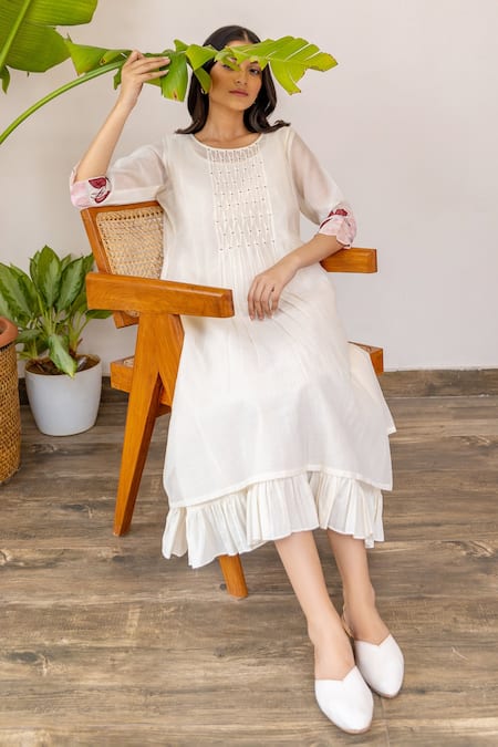 Shop Khamaj India White Cotton, Chanderi Floral Round Smocked Dress Online at Aza Fashions Shop_Khamaj India_White Cotton, Chanderi Floral Round Smocked Dress _Online_at_Aza_Fashions