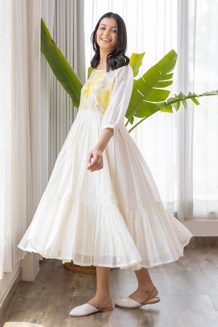 Shop Khamaj India White Cotton, Chanderi Floral Round Embroidered Dress at Aza Fashions Shop_Khamaj India_White Cotton, Chanderi Floral Round Embroidered Dress _at_Aza_Fashions