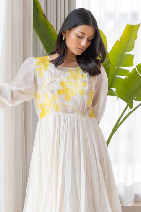 Buy Khamaj India White Cotton, Chanderi Floral Round Embroidered Dress Online at Aza Fashions Buy_Khamaj India_White Cotton, Chanderi Floral Round Embroidered Dress _Online_at_Aza_Fashions