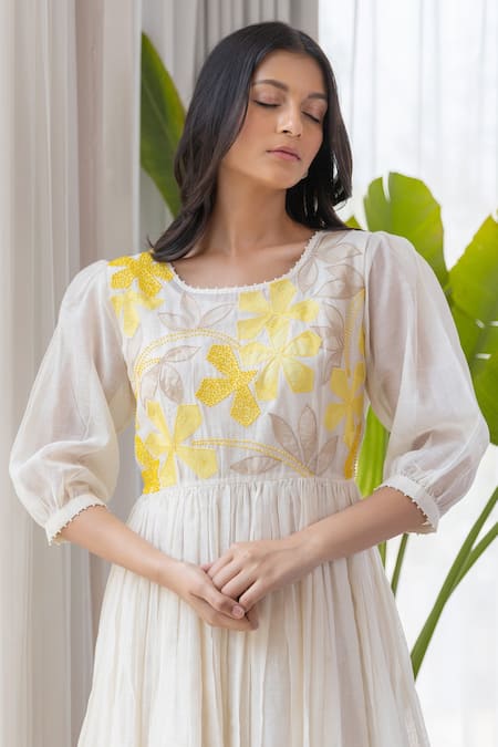 Shop Khamaj India White Cotton, Chanderi Floral Round Embroidered Dress Online at Aza Fashions Shop_Khamaj India_White Cotton, Chanderi Floral Round Embroidered Dress _Online_at_Aza_Fashions