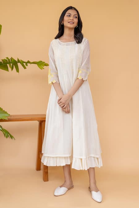 Shop Khamaj India White Cotton, Chanderi Smocked Round Dress at Aza Fashions Shop_Khamaj India_White Cotton, Chanderi Smocked Round Dress _at_Aza_Fashions