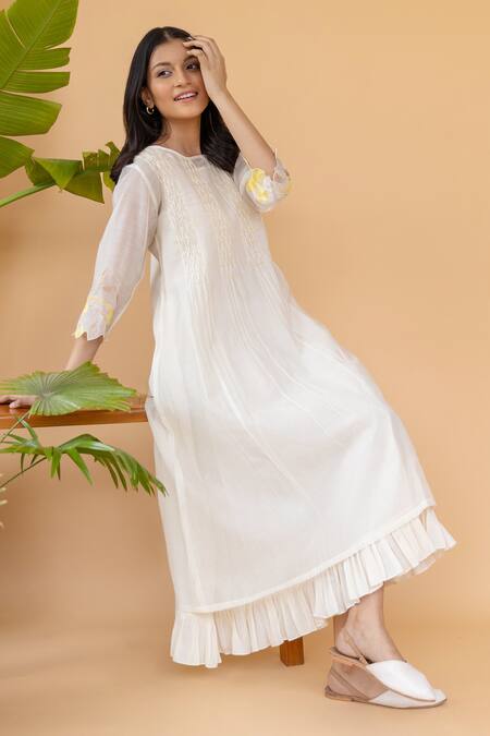 Khamaj India White Cotton, Chanderi Smocked Round Dress Online at Aza Fashions Khamaj India_White Cotton, Chanderi Smocked Round Dress _Online_at_Aza_Fashions