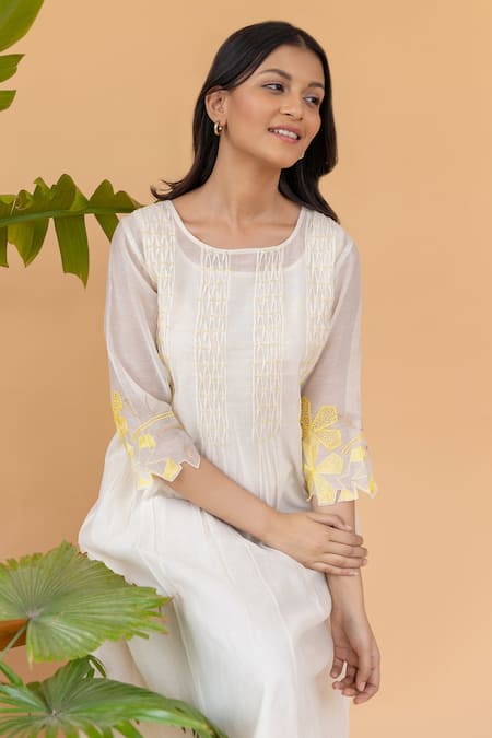 Buy Khamaj India White Cotton, Chanderi Smocked Round Dress Online at Aza Fashions Buy_Khamaj India_White Cotton, Chanderi Smocked Round Dress _Online_at_Aza_Fashions