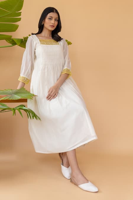 Shop Khamaj India White Cotton, Chanderi Pearl Straight Pleated Dress at Aza Fashions Shop_Khamaj India_White Cotton, Chanderi Pearl Straight Pleated Dress _at_Aza_Fashions