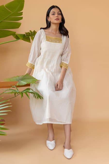 Khamaj India White Cotton, Chanderi Pearl Straight Pleated Dress Online at Aza Fashions Khamaj India_White Cotton, Chanderi Pearl Straight Pleated Dress _Online_at_Aza_Fashions