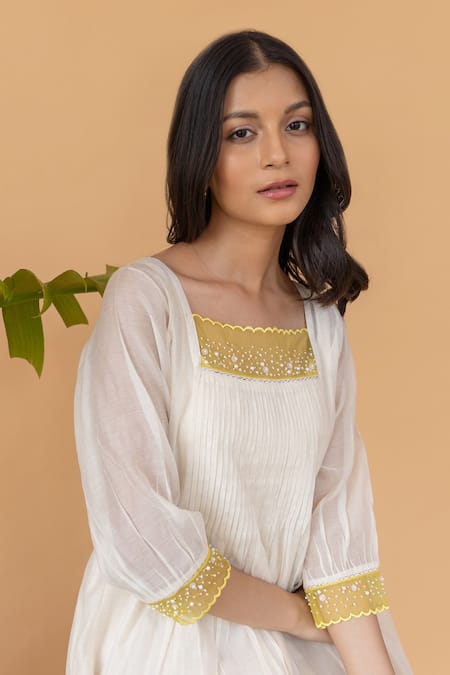 Shop Khamaj India White Cotton, Chanderi Pearl Straight Pleated Dress Online at Aza Fashions Shop_Khamaj India_White Cotton, Chanderi Pearl Straight Pleated Dress _Online_at_Aza_Fashions