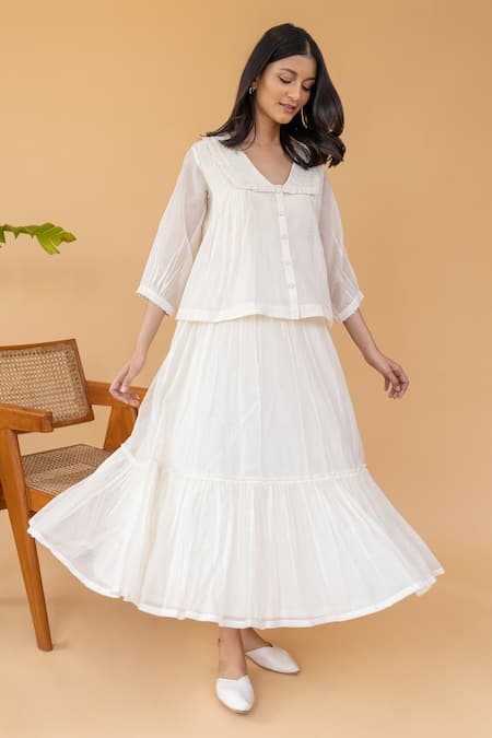 Shop Khamaj India White Cotton, Chanderi Pearl V Neck Tiered Dress With Embroidered Jacket at Aza Fashions Shop_Khamaj India_White Cotton, Chanderi Pearl V Neck Tiered Dress With Embroidered Jacket _at_Aza_Fashions