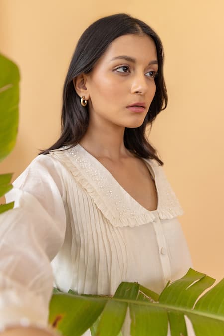 Buy Khamaj India White Cotton, Chanderi Pearl V Neck Tiered Dress With Embroidered Jacket Online at Aza Fashions Buy_Khamaj India_White Cotton, Chanderi Pearl V Neck Tiered Dress With Embroidered Jacket _Online_at_Aza_Fashions