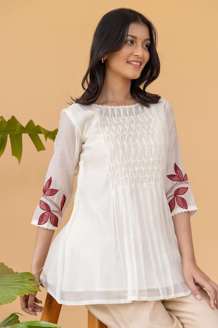 Buy_Khamaj India_White Chanderi Floral Round Smocked Tunic_Online_at_Aza_Fashions